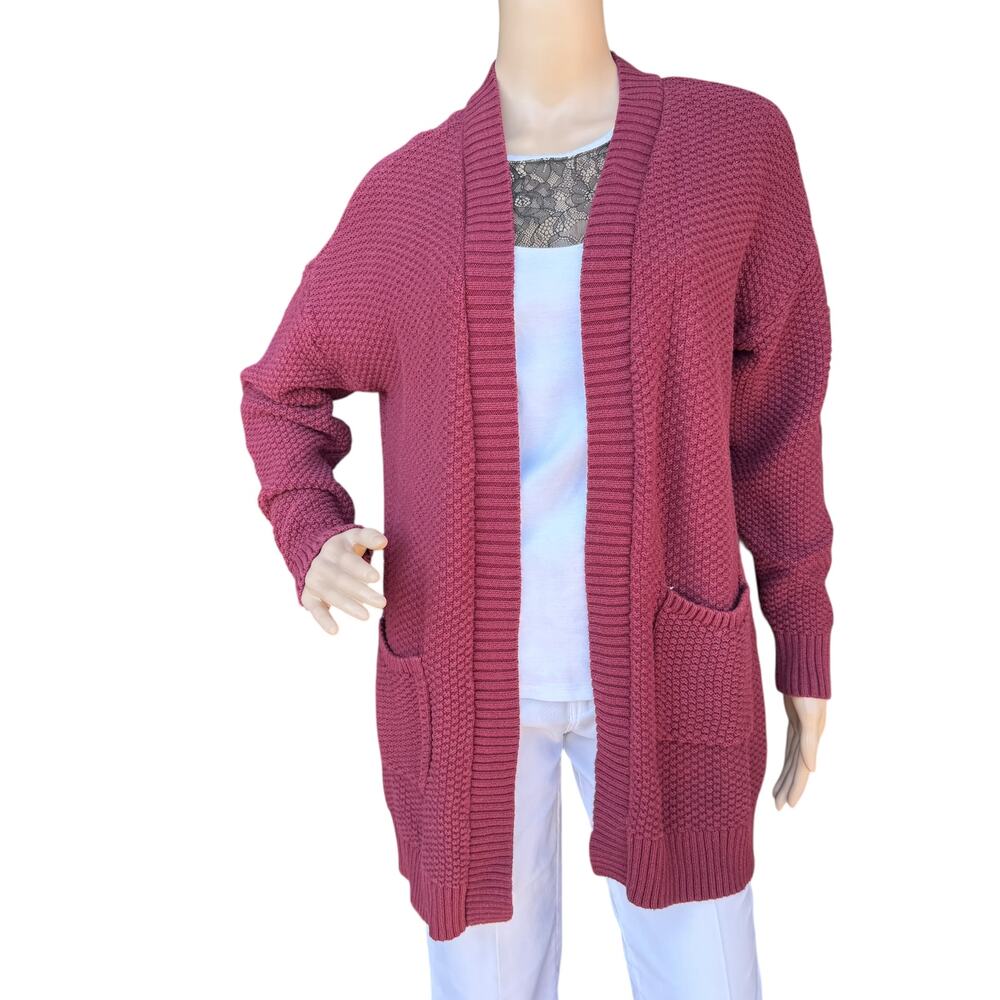Gap Waffle Knit Cardigan Sweater Burgundy Wine Red Open Front Pockets Cotton L